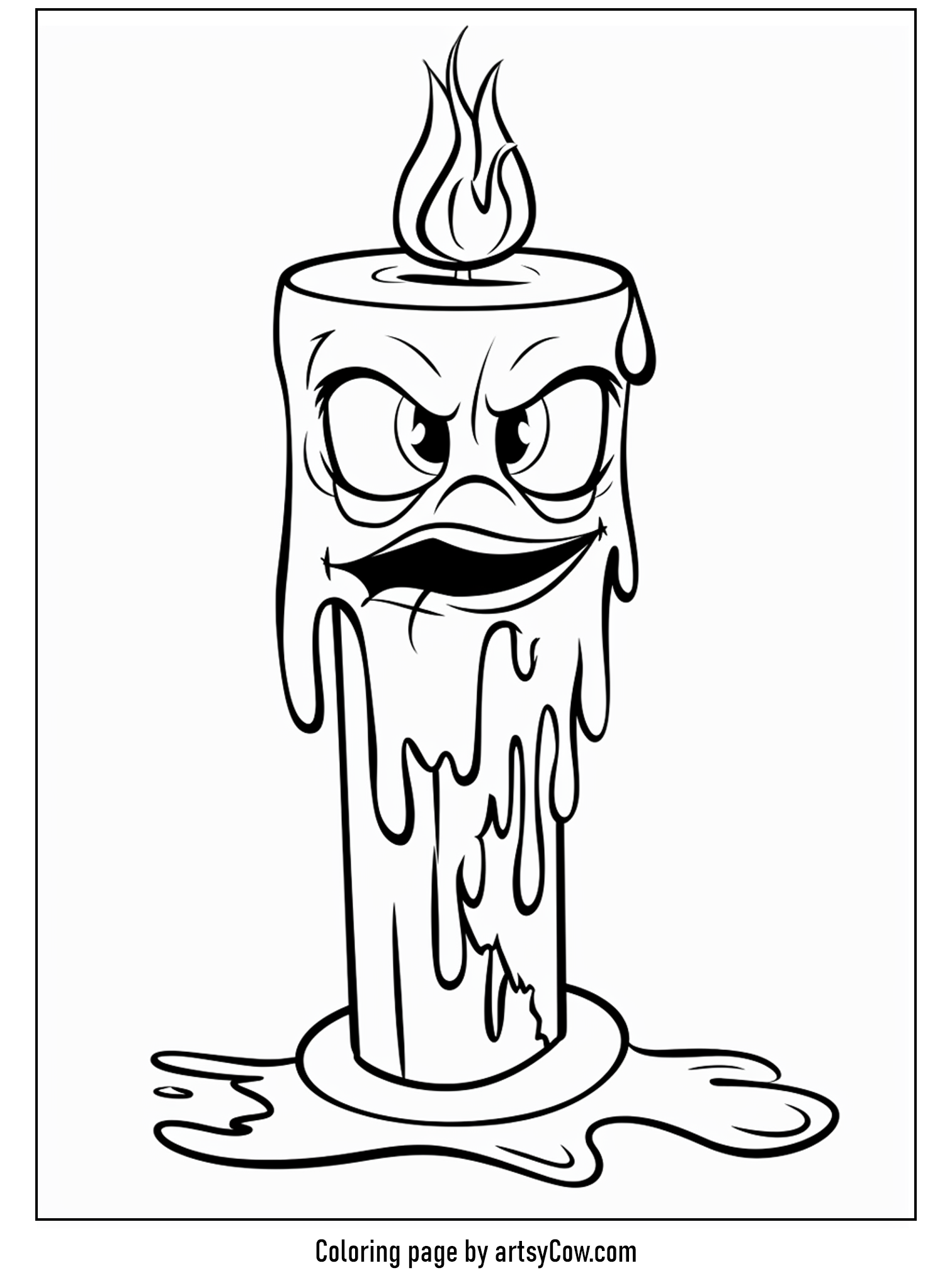 scary halloween coloring pages; A cartoon-style drawing of a candlestick with a spooky expression, dripping wax and a flickering flame.